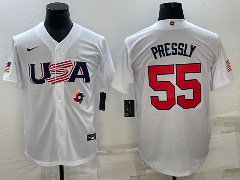 Men 2023 World Cub USA 55 Pressly White Nike MLB Jersey6